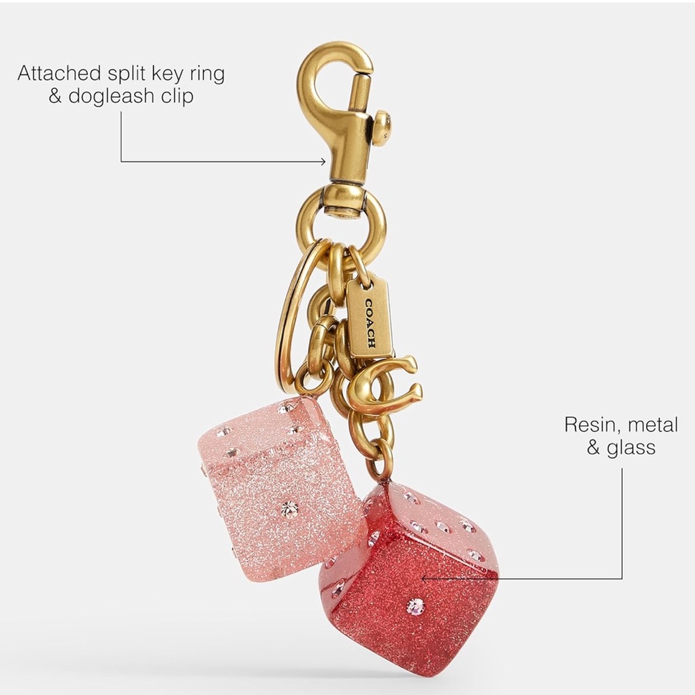 Coach Pink and Brass Glitter Dice Bag Charm - New - Picture 3 of 4
